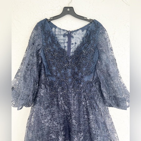 Mac Duggal Navy Blue Puff Long Sleeve V Neck Evening Gown Size 12 - Picture 8 of 10